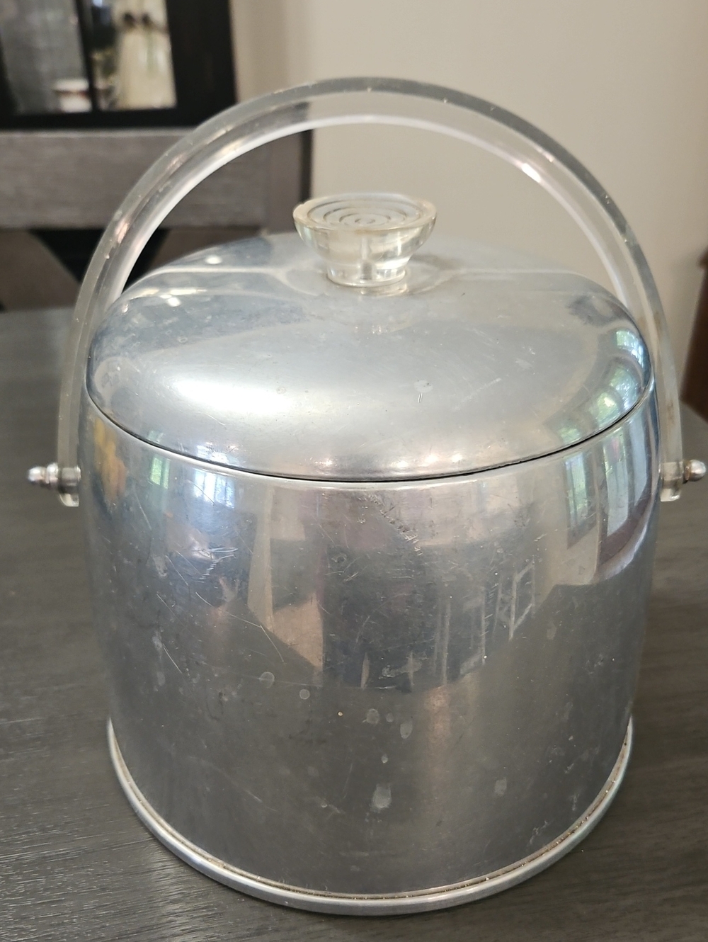 Vintage Kromex 1950s MCM Spun Aluminum Ice Bucket Acrylic Handle Retro Barware